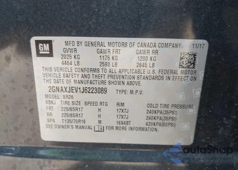 2018 Chevrolet Equinox Lt из США, поврежденный, VIN 2GNAXJEV1J6223089